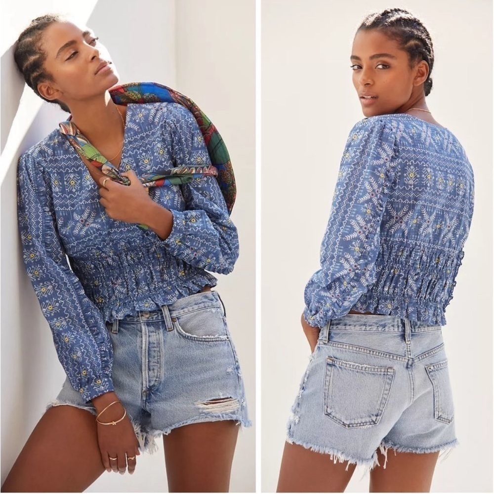 Anthropologie Forever That Girl Embroidered Smocked Blouse Boho V Neck